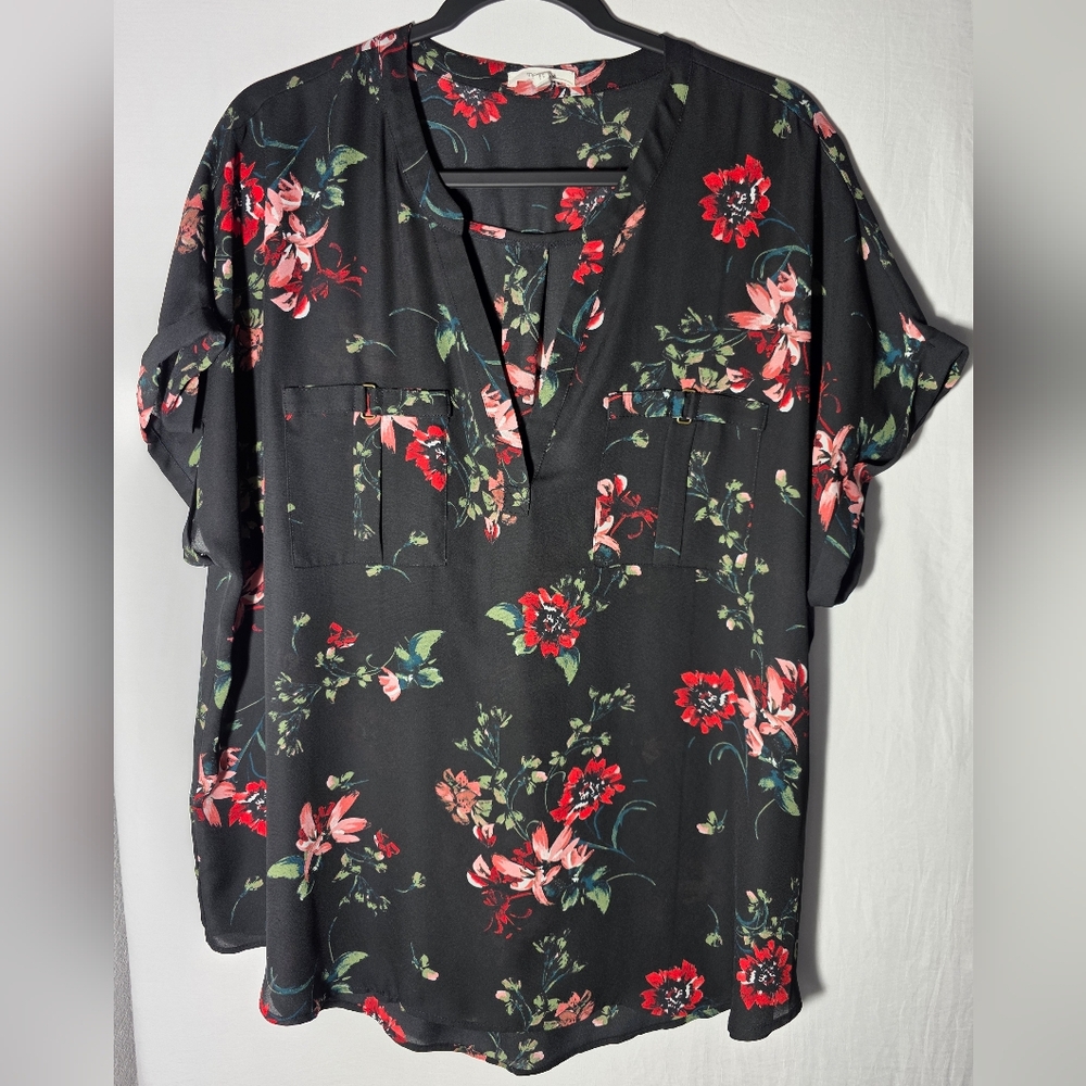 Maurices Black Floral V-Neck Blouse